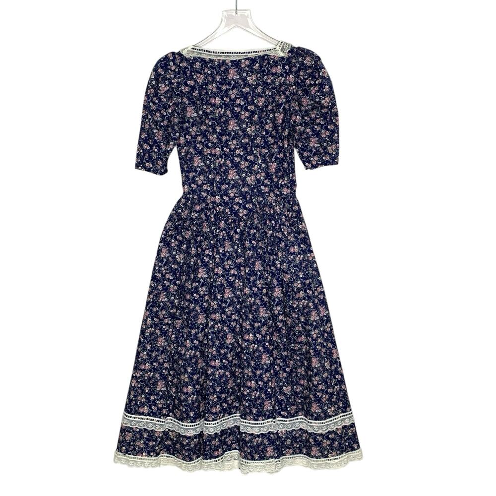 Gunne Sax S Vintage Lace Floral Print Short Sleeve Gunnie Dress Dark Blue *flaw - Picture 2 of 8